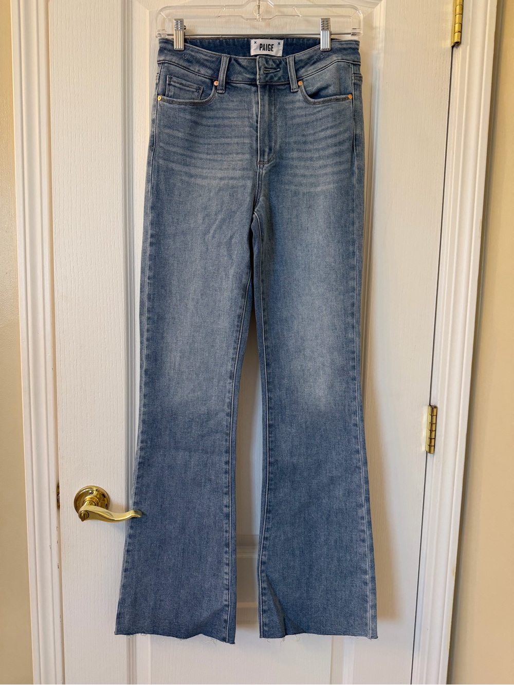 PAIGE Women’s Size 27 High Rise Flare Jeans Raw Hem Light Wash Denim